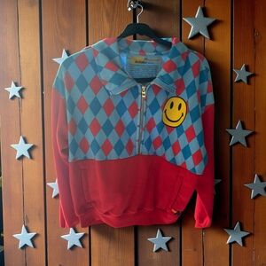 Aviator Nation Red and Blue Argyle Smiley Sweater Xs